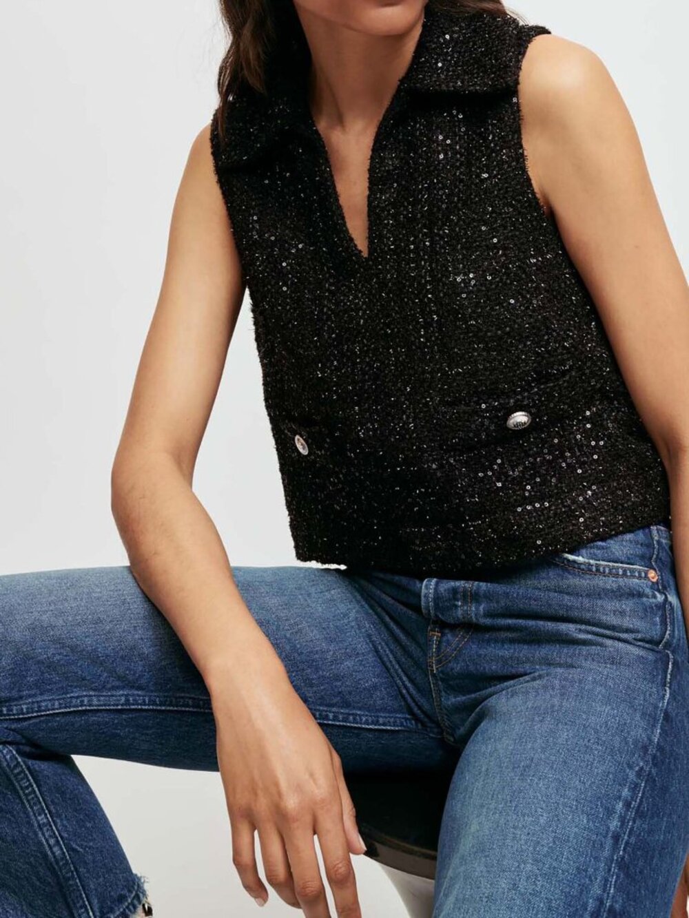 Maje Black Sequin Top FR 1 US S